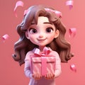 cute girl holding a gift,happy,pink background,3d clay by Generative AI