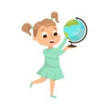 Cute Girl Holding Globe Studying Geography Vector Illustration