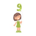 Cute Girl Holding Green Balloon Shaped as 9 Number Cartoon Style Vector Illustration