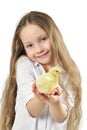 Cute girl holding little yellow chick Royalty Free Stock Photo