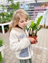 Cute girl holding potted plant in a flower shop. Little farmer choosing and buying green plants for home. Happy child. Royalty Free Stock Photo