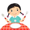 Cute girl holding a spoon and fork with empty white plate on white