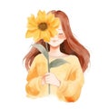 Cute Girl holding a sunflower. Watercolor illustration Royalty Free Stock Photo