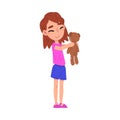 Cute Girl Holding Teddy Bear, Adorable Kid Playing with her Favorite Toy Cartoon Vector Illustration on White Background Royalty Free Stock Photo