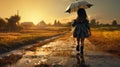 Cute girl holding umbrella walking on rural road on rainy day. generative AI Royalty Free Stock Photo