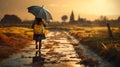 Cute girl holding umbrella walking on rural road on rainy day. generative AI Royalty Free Stock Photo