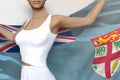 cute girl holds Fiji flag in hands behind her back on the white background - flag concept 3d illustration