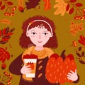Cute Girl holds in hand Pumpkin Spice Latte. Autumn Background with oak leaves and acorns. Cozy Fall illustration with Royalty Free Stock Photo