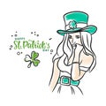 Cute girl, holiday card, Happy Saint Patricks Day, doodle Royalty Free Stock Photo