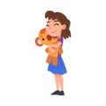 Cute Girl Hugging Favorite Soft Plush Toy Cartoon Vector Illustration on White Background