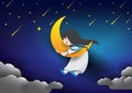 Cute girl hugging moon in night sky. Royalty Free Stock Photo