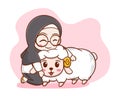 A cute girl hugging a sheep in eid al adha cartoon character