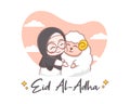 A cute girl hugging a sheep in eid al adha cartoon illustration