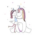 A cute girl hugs a unicorn. hand drawn illustration