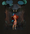 Cute girl huntress with bow standing in front of flying owl and night forest. Fairy tale illustration Royalty Free Stock Photo