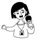 Cute girl journalist leading with microphone. Vector illustration in linear doodle style. Conceptual woman character