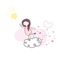 Cute girl jump on the cloud for touch yellow star with pink hear