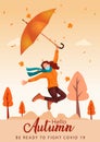 Cute girl jump with umbrella . Hello Autumn Vector illustration with beautiful nature background.covid-19, corona virus concept Royalty Free Stock Photo