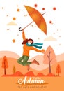 Cute girl jump with umbrella . Hello Autumn Vector illustration design with beautiful nature background.covid-19, corona virus Royalty Free Stock Photo