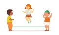 Cute girl jumping over a rubber band. Cute little boys play with girl. Vector illustration. Summer activities. Children