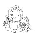 Cute girl and cute kitten winking together, cute girl child, cute little cat, kitten, animal, child, animal owner, animal love,