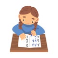 Cute Girl Learning to Write, Elementary School Student Making Homework Cartoon Vector Illustration Royalty Free Stock Photo