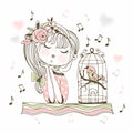 A cute girl listens to her bird singing in a cage. Vector Royalty Free Stock Photo