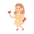 Cute Girl Lollipop in Shape of Heart, Adorable Child Character with Romance Feelings Symbol, Happy Valentines Day