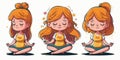 Cute girl in lotus pose practicing yoga side pose, cartoon style