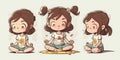 Cute girl in lotus pose practicing yoga side pose, cartoon style