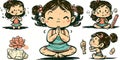 Cute girl in lotus pose practicing yoga side pose, cartoon style