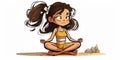 Cute girl in lotus pose practicing yoga side pose, cartoon style