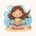 Cute girl in lotus pose practicing yoga side pose, cartoon style