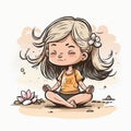 Cute girl in lotus pose practicing yoga side pose, cartoon style