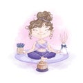 Cute girl in lotus position meditates with aroma lamp.