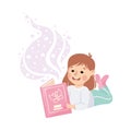 Cute Girl Lying and Reading Open Book and Dreaming Vector Illustration