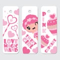 Cute girl, magic wand, and cupcake cartoon illustration for Valentine label tags design