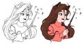 Cute girl with magic wand. Hand drawn cartoon illustration. Can be used for coloring book, tattoo, sticker, card, t shirt design