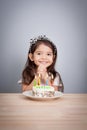 Cute girl make a wish on birthday. Happy Birthday background.