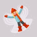 Cute girl making snow angel childhood game lying back moving arms and legs shape flat design vector illustration Royalty Free Stock Photo