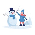 Cute girl making a snowman vector illustration in flat design. Winter background with trees, bushes and flying