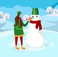 Cute Girl Making Snowman on Winter Background Royalty Free Stock Photo