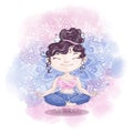 Cute girl meditates in lotus position on the background of the mandala.
