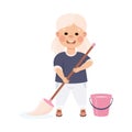 Cute Girl Mopping the Floor with Mop, Kid Helping her Parents with Housework or Doing Household Chores Cartoon Style