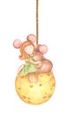 Cute girl mouse hug a little mouse sitting on the cheese moon hang from string painted in watercolor