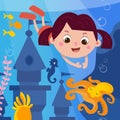 Cute girl and octopus underwater. Seascape, scene in cartoon style. Nature and seaweed. Castle and sea creatures. Vector