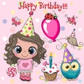 Cute Girl, owl and bird with balloon and bonnets Royalty Free Stock Photo