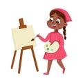 Cute Girl Painting on Drawing Easel Studying Art Subject Vector Illustration