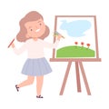 Cute Girl Painting Natural Landscape on Canvas, Little Artist Character Drawing on Easel with Paints Cartoon Style Royalty Free Stock Photo