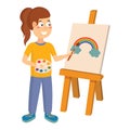 Cute girl painting the rainbow on the easel in flat cartoon style isolated on white background. Happy kid character. Royalty Free Stock Photo